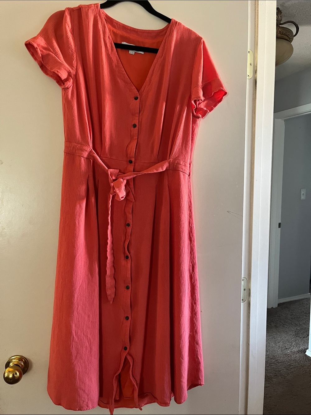 LOFT Coral-Orange Button-Front Midi Dress with Waist Tie - Picture 2 of 6